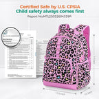 Choco Mocha Cheetah Backpack for Girls, Elementary School Backpack for Girls Ages 6-8 Kids Kindergarten Backpack Bookbag 17 Inch with Chest Strap, Pink