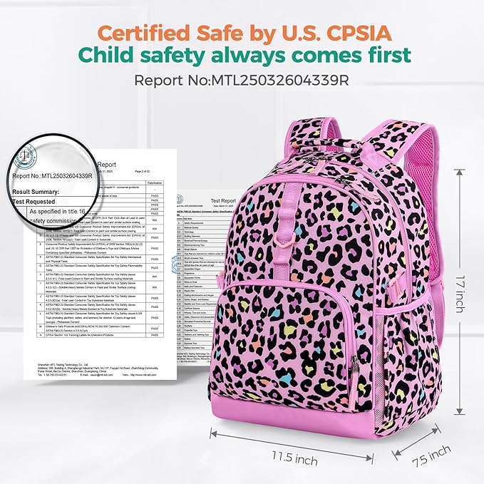 Choco Mocha Cheetah Backpack for Girls, Elementary School Backpack for Girls Ages 6-8 Kids Kindergarten Backpack Bookbag 17 Inch with Chest Strap, Pink