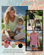 Huukeay 3 Pack Women's Long Sleeve Nursing Tops, Breastfeeding Hidden Zippers Shirts V Neck Maternity Pregnancy Tees Clothes