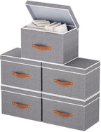 Collapsible Storage Bins with Lids, 5 Pack Linen Foldable Cloth Baskets, 15 x 9.8 x 9.8 Inch Closet Organizer Containers with Double Handles, Sweater Boxes for Bedroom, Grey