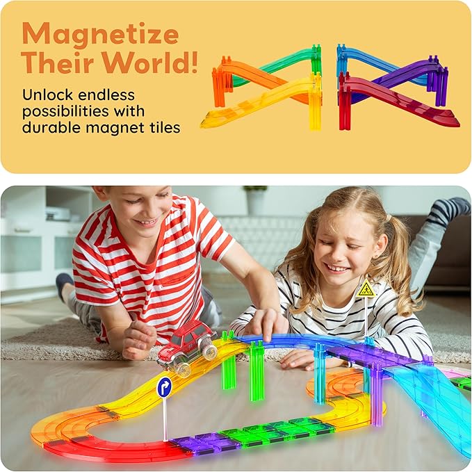 PicassoTiles 6 Piece Magnetic Tiles Race Track Ramp Accessories STEM Building Blocks Toys Magnet Tile Educational Construction Playset Boys Girls Brain Development and Creative Pretend Play Toy PTR06