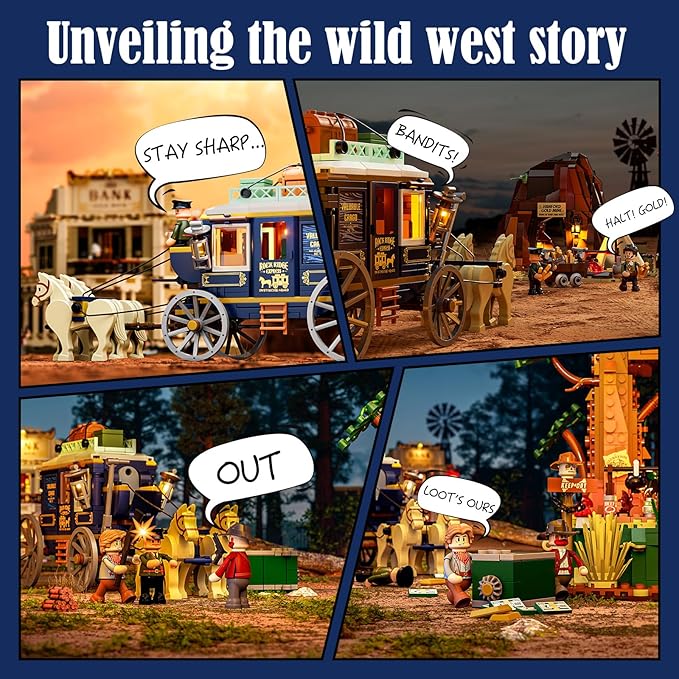 Western Treasure Stagecoach Lighting Building-Bricks Set - Old West Carriage and Horse 307 Pcs Collection Display Set for West Lovers