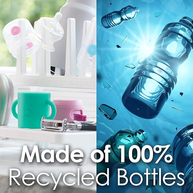 PopYum Glacier White Space Saving Drying Rack from 100% Recycled Bottles, countertop for Baby Bottles, Plastic Bags, Cups, Glass, tumblers, Compact