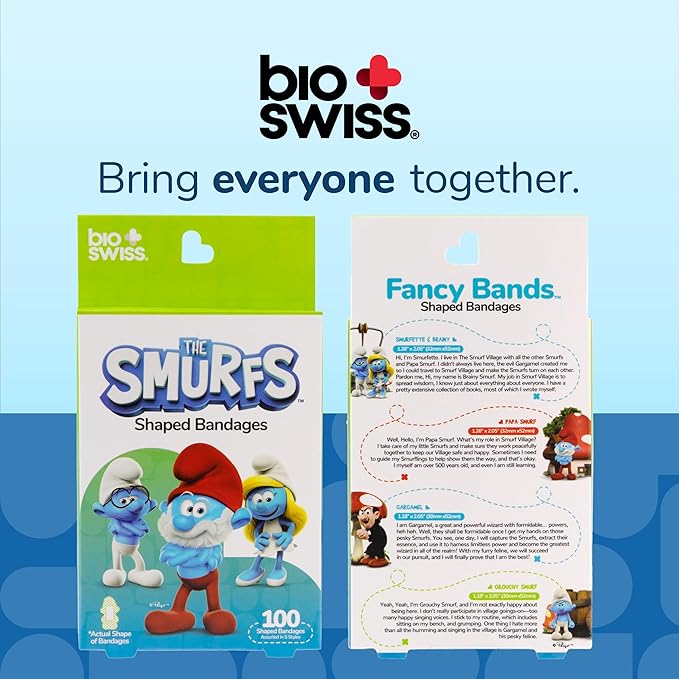 BioSwiss Bandages, The Smurfs Shaped Self Adhesive Bandage, Latex Free Sterile Wound Care, Fun First Aid Kit Supplies for Kids and Adults, 100 Count Box