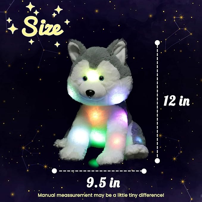 Hopearl LED Plush Husky Light up Stuffed Animal Dog Floppy Puppy Night Lights Glow in The Dark Birthday Festival for Kids Toddler Girls, Gray, 12''