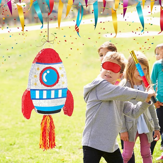 WERNNSAI Rocket Piñata - Rocket Ship Pinata Bundle with Blindfold and Bat Space Birthday Party Decoration for Boys Kids Family Games Piñata Space Ship Theme Party Supplies