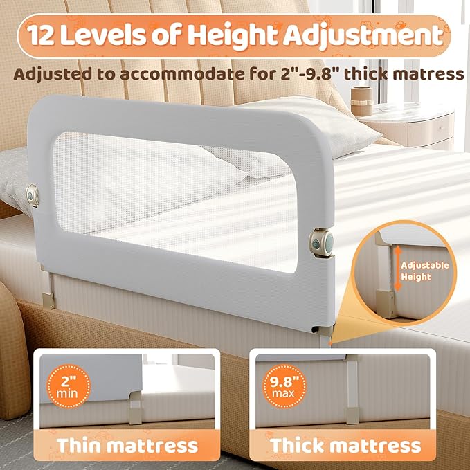 omzer Large Bed Guard Rail for Toddlers - 59inch Foldable & Adjustable Heights Baby Bed Safety Railing - Toddler Long Bed Rails Guard for Twin, Bunk, Queen & King, Full Size Bed Grey