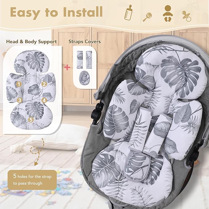 Infant Car Seat Insert, 2-in-1 Head & Body Carseat Support for Baby Newborn Toddler with Strap Covers, Reversible Ultra-Soft Cushion for Baby Carseat, Stroller, Swing & Bouncer