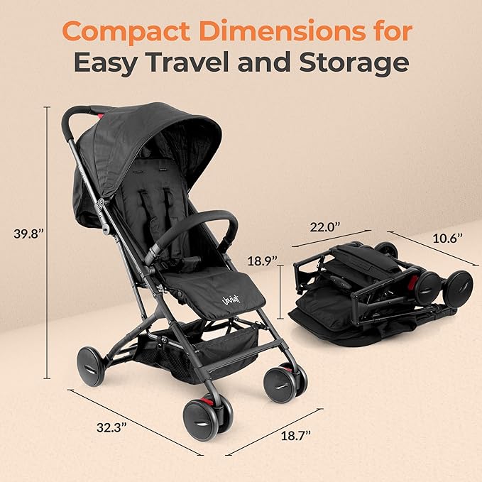 Jovial Lightweight Travel Baby Stroller - One-Hand Folding Compact Stroller with Multi-Position Reclining System - Retractable Sun Canopy, Extra-Large Storage Basket - Includes Airplane Storage Bag