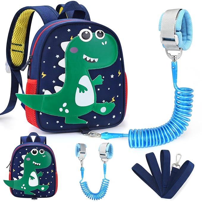 Accmor Toddler Backpack Leash with Anti Lost Wrist Link, Cute Dinosaur Kids Backpacks for Boys Aged 1-3, Mini Baby Bag Tether Walking Harness Wristband Keep Child Close Rope Rein for Travel Outdoor