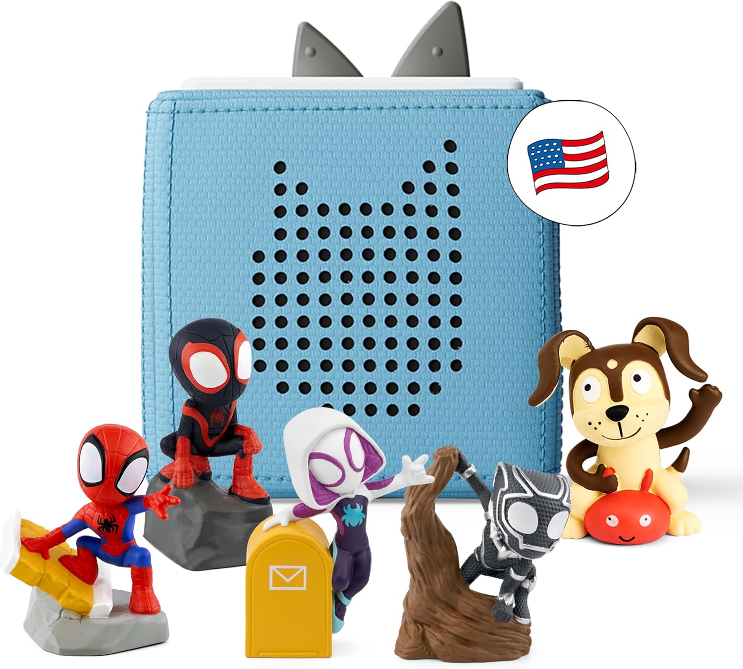 Toniebox Audio Player Starter Set with Spidey, Ghost-Spider, Spin, Black Panther, and Playtime Puppy - Listen, Learn, and Play with One Huggable Little Box - Light Blue