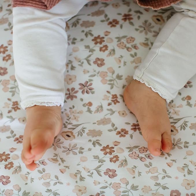 Pack and Play Sheets Fitted, Mini Crib Sheets for Graco Pack N Play Playard (38x26), Ultra Soft Organic Cotton Blend, Safe & Snug Playpen Mattress Sheet for Baby Boys & Girls – Fleurette, 2-Pack