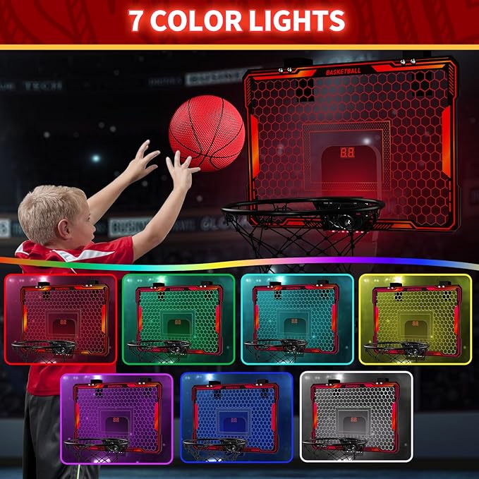 Mini Basketball Hoop with LED Lighting, Electronic Scoreboard, 3 Modes, Over Door Mount, Gift for Kids & Adults (Red)