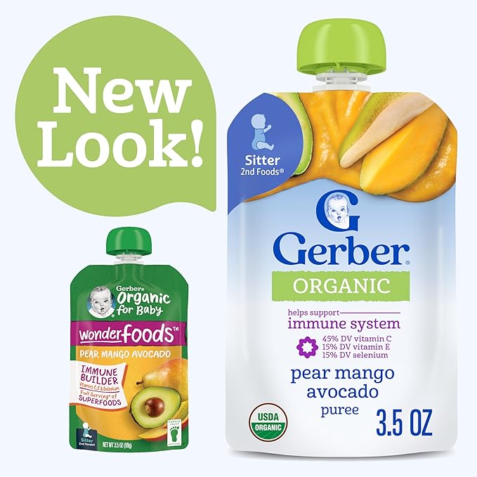Gerber Stage 2 Baby Food, Organic Pear Mango Avocado, Baby Food Pouches, Puree, 12PK