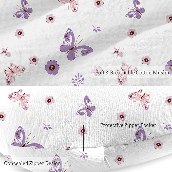 Little Grape Land Nursing Pillow, Soft 100% Cotton Breastfeeding Pillow with Breathable Muslin Removable Cover, Purple Butterfly Breast Feeding Pillows for Babies 0-12 Months with Protective Zipper