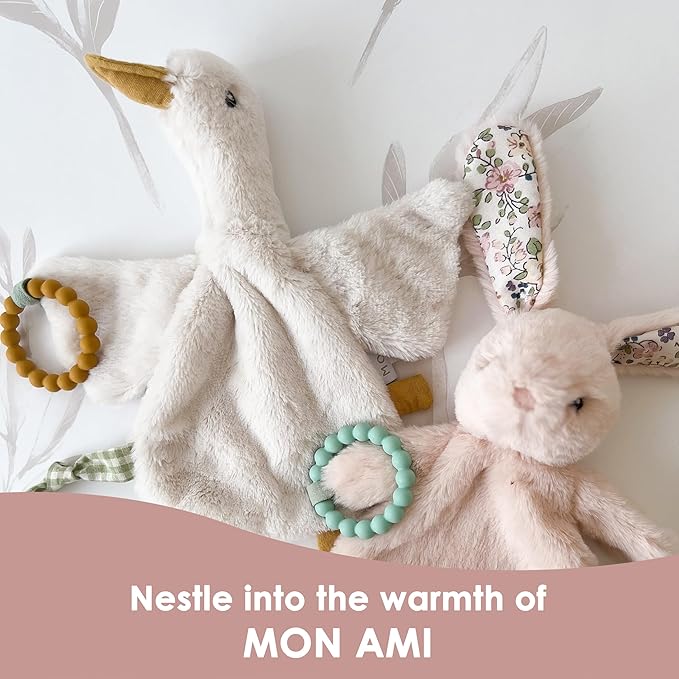 MON AMI PRU Goose Teether Lovie | 12-Inch Baby Security Blanket with Silicone Teether | Soft Plush Lovey for Teething Relief & Comfort