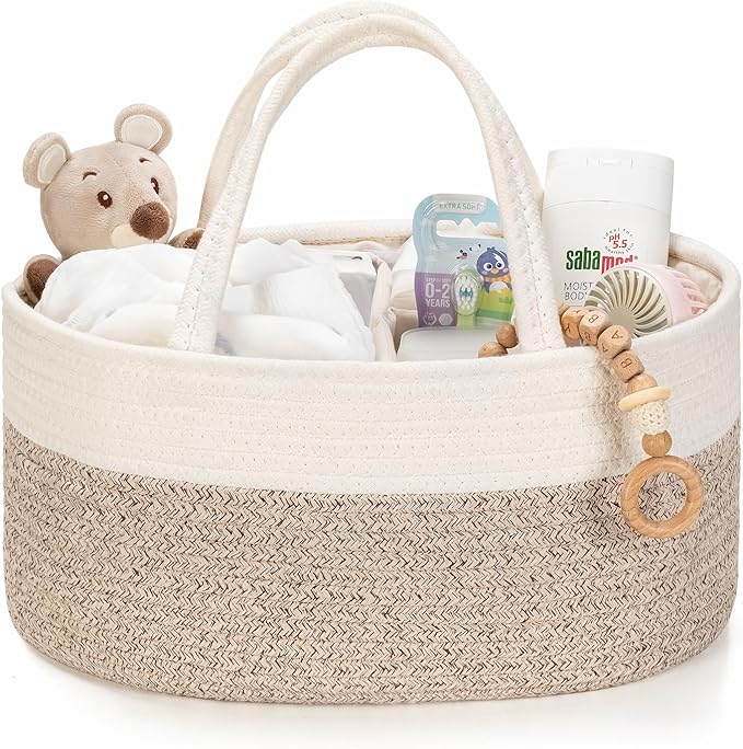 Diaper Caddy Organizer, Empty Gift Basket for Newborn Essentials, Baby Storage Basket, Stylish Gift Bag for Baby Shower, Boys and Girls – Small, White and Beige Brown