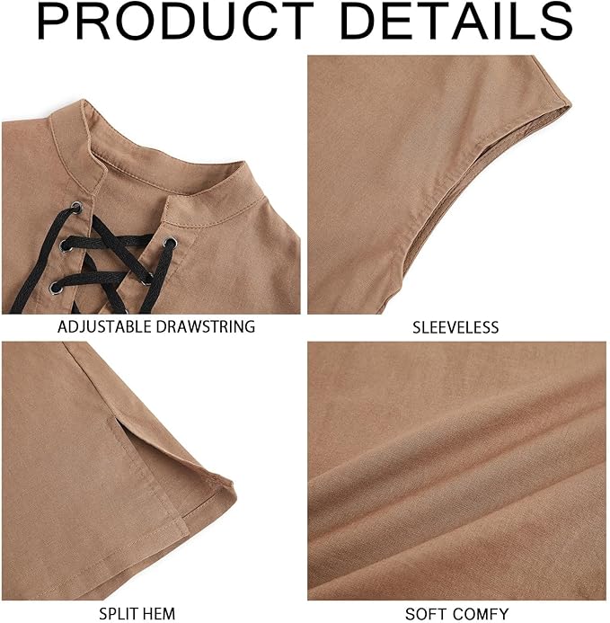 Boys Kids Renaissance Pirate T Shirts Viking Medieval Sleeveless Lace Up Costume Scottish Cotton Tank Tops