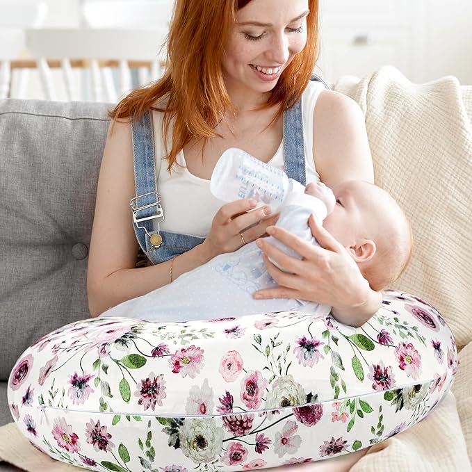 GFU Nursing Pillow Cover for Boys and Girls, Breastfeeding Pillow Case for Newborn, Soft Baby Breastfeeding Pillow Slipcover Colourful Purple Flowers, Stretchy Feeding Cover (Cover Only)