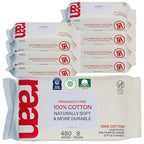 Raan, 100% Cotton Baby & Toddler Wipes, Unbleached, 99% Purified Water, Unscented, EWG verified, Made for Sensitive Skin, Extra Soft and Durable, 8 pack, 480 Count