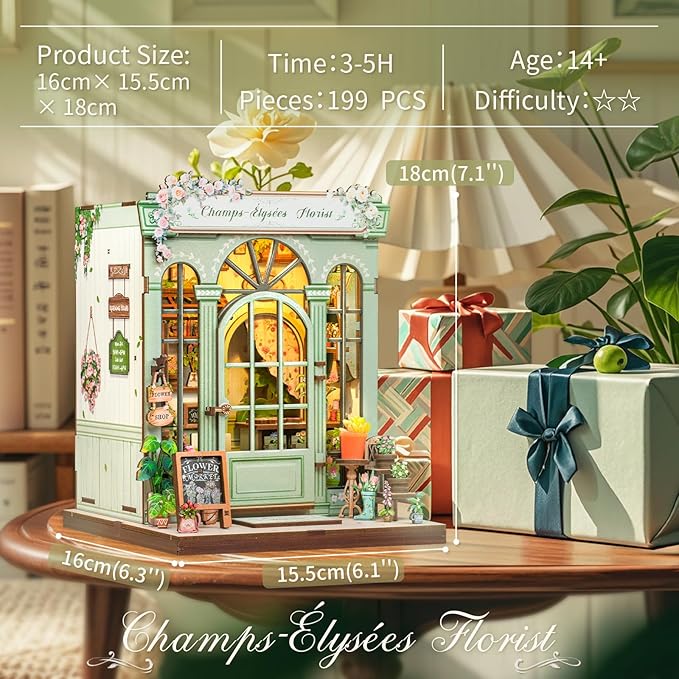 CUTEBEE Book Nook Kit - DIY Miniature House Dollhouse Kit for Adults and Teens, Booknook Tiny House Bookshelf Decor 3D Wooden Puzzle, Gifts for Family, Friends (Champs-Élysées Florist)