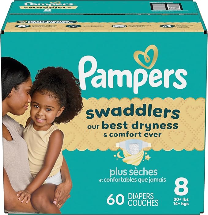 Pampers Swaddlers Diapers, Size 8 (30+ lbs), 60 Count, Absorbent, Keeps Baby Dry and Comfortable, Skin Safe Disposable Baby Diaper (Packaging May Vary)