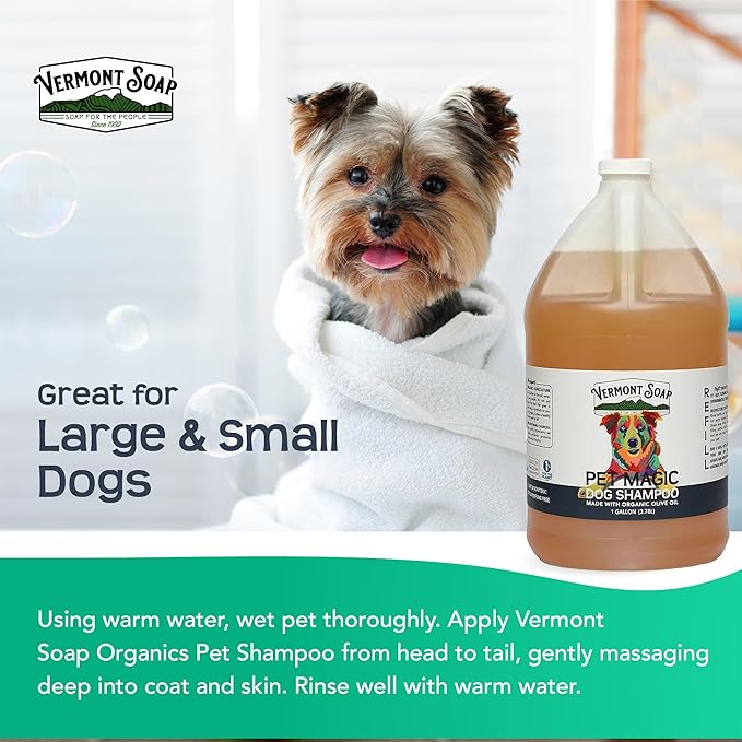 Vermont Soap Organics Pet Shampoo - Organic & Natural Olive Oil, Coconut & Aloe Vera Dog Shampoo for Sensitive Skin - USDA Certified Grooming Pet Shampoo - Original Citrus (128oz)