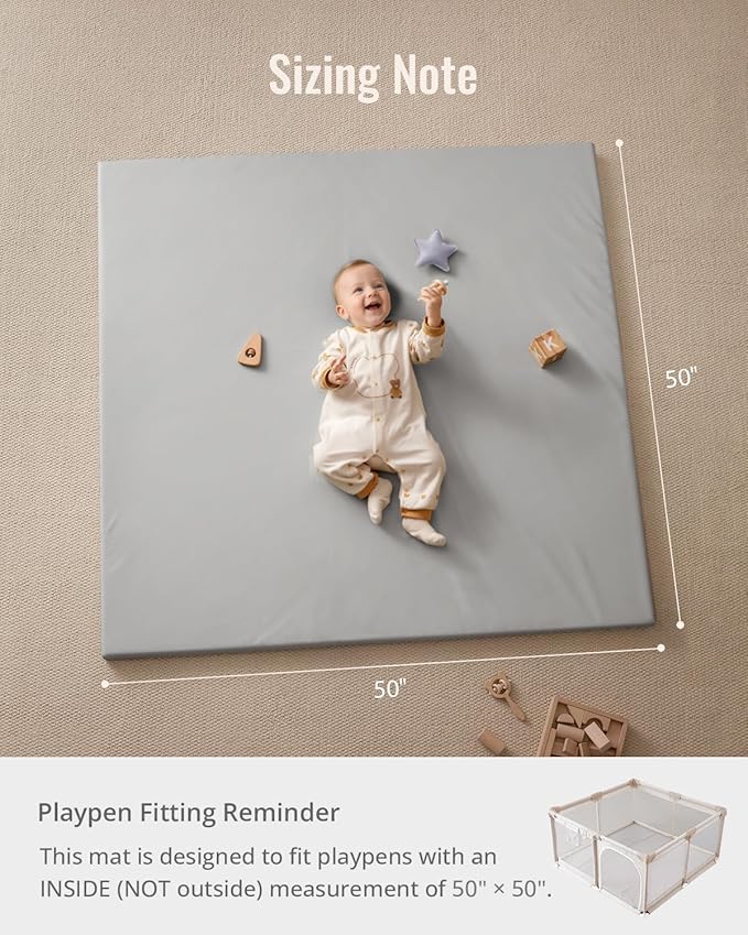 Blissful Diary Vegan Leather Baby Play Mat, 50x50 Thicken Foam Cushioned & Waterproof Playpen Mat for Infants and Toddlers, Stylish and Just Wipe-Clean Playmat for Baby Play on Floor, Light Gray