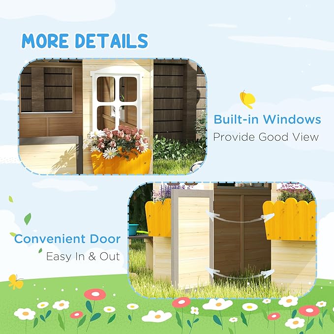 Outsunny Wooden Playhouse for Kids Outdoor Garden Pretend Play Games, Adventures Cottage, with Working Door, Windows, Bench, Service Station, Flowers Pot Holder, for 3-7 Years Old