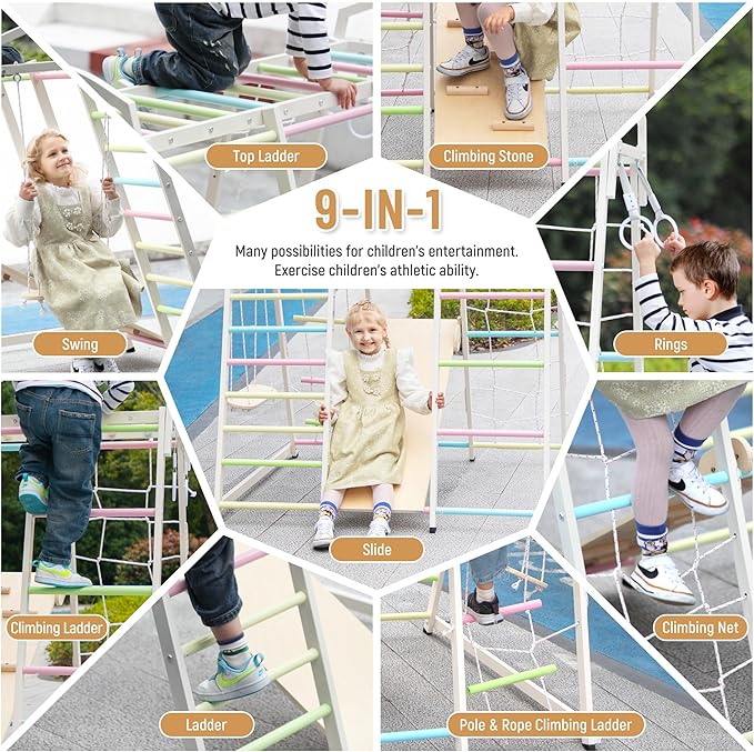 JAXPETY 9-in-1 Indoor Playground, Indoor Jungle Gym for Kids, Toddler Montessori Climbing Gym, Inside Play Gym with Slide, Swing, Monkey Bar, Ladder, Rings