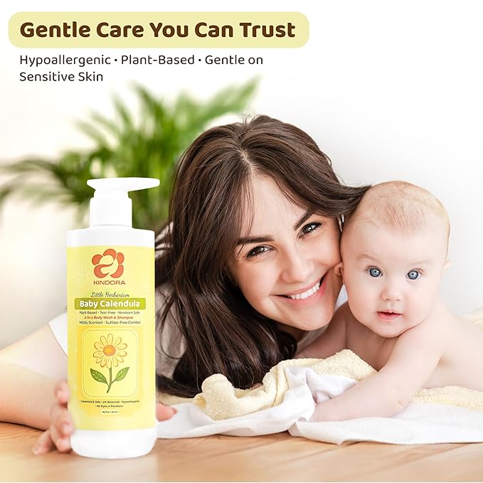 KINDORA 2-in-1 Baby Shampoo and Body Wash with Calendula & Oat – Gentle, Tear-Free & Hypoallergenic | Plant Based Cradle Cap Treatment | Organic, Vegan & Non-Toxic – 16.9 fl oz