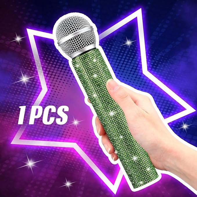 Sanwuta Fake Microphone Prop Sparkly Bling Rhinestones Plastic Play Microphone Pretend Glitter Bedazzled Mic for Cosplay Party Costume(Light Green)