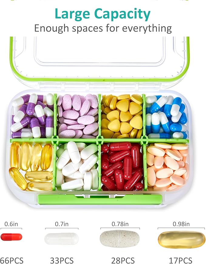 Fullicon Large Pill Organizer with 8 Compartments, Moisture Proof Travel Pill Box with Removable Divider, Daily Pill Container with Lables, Pill Case for Vitamin, Fish Oil, Supplement (Clear Green)