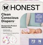 The Honest Company Clean Conscious Diapers for Delicate Skin | Up to 100% Leakproof | Hypoallergenic, Fragrance Free | Girl Prints | Club Box, Size Newborn, 72 Count (Prints May Vary)