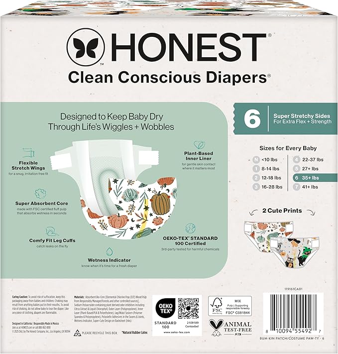 The Honest Company Clean Conscious Diapers for Delicate Skin | Up to 100% Leakproof | Hypoallergenic, Fragrance Free | Fall '25 Limited Edition Prints | Club Box, Size 6 (35+ lbs), 40 Count