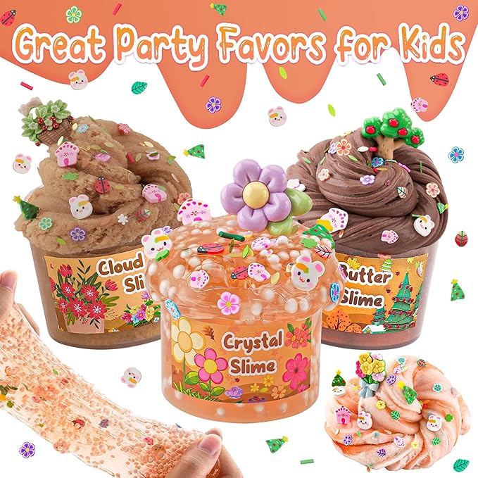 LAWOHO 6 Packs Brown Slime Kit - Cloud, Butter & Clear Slimes with Garden Add-ins, Crunchy Slime for Kids Party Favors for Girls and Boys, 360ml Slime Kits Birthday Halloween Christmas Easter Gifts