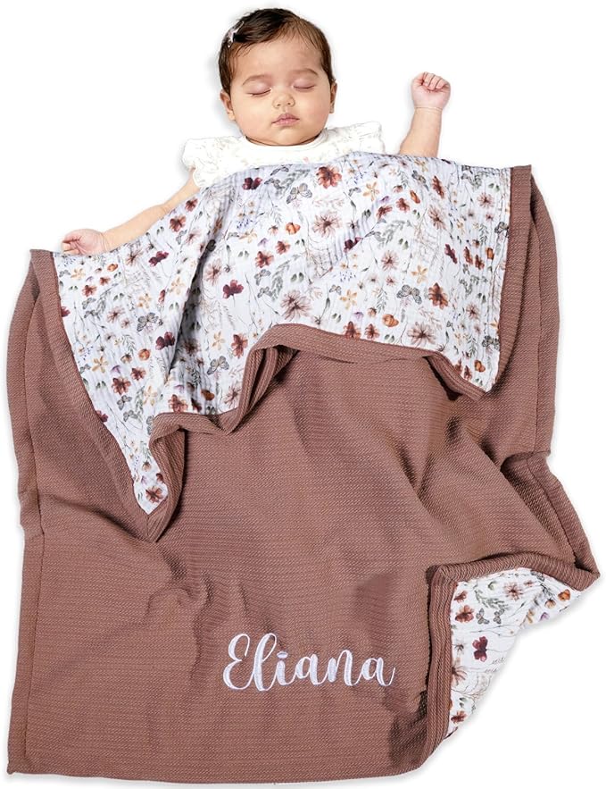 Personalized Baby Blanket with Name – Custom Knit Blanket, 27x40in Floral Embroidered Nursery Blanket for Girls – Customized Baby Blanket, Soft Newborn Gift & Custom Baby Gifts (Baby Brown)