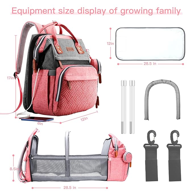 Diaper Bag Backpack with Changing Station, Large Diaper Bag, Baby Bag, Multifunctional Diaper Bag, Pinkgray