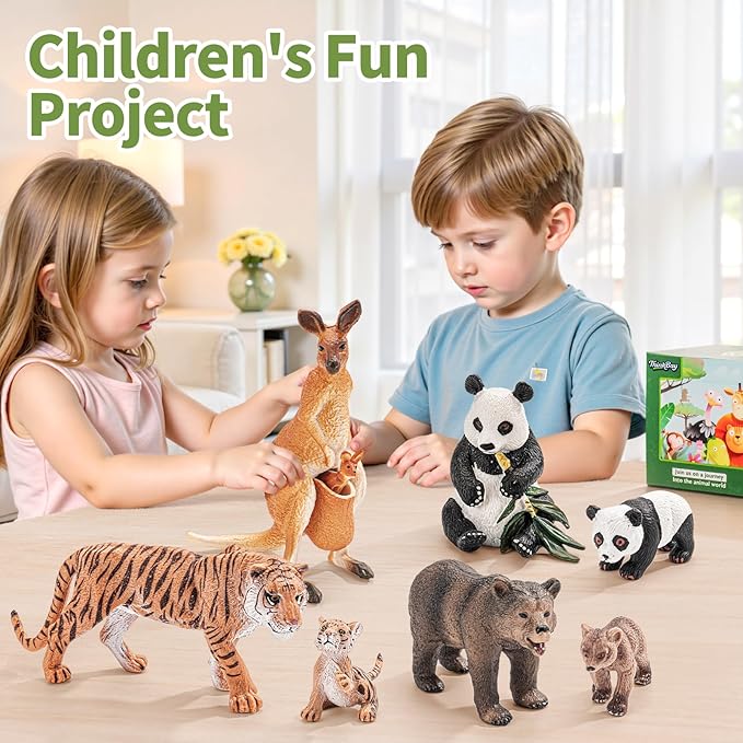 8PCS Safari Zoo Animals Figurines Toys, Realistic Plastic Mom and Baby Cubs Figures, Includes Panda,Grizzly Bear,Kangaroo,Tiger, Educational Learning Playset for Kids Boys Girls
