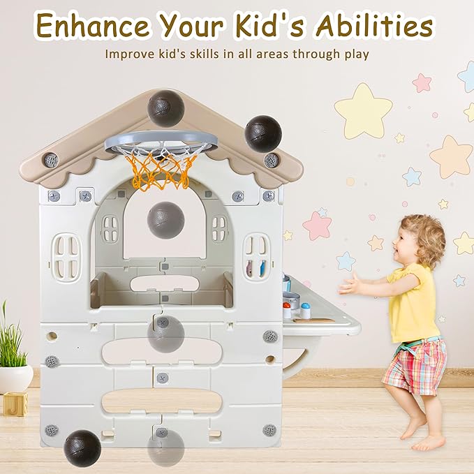 41.3" x 31.4" x 29" Kids Cottage Playhouse, Indoor/Outdoor Toddler Playhouse with Working Doors, Worktop & Basketball Hoop, Durable Plastic Playset for Kids Ages 1+ Years Old