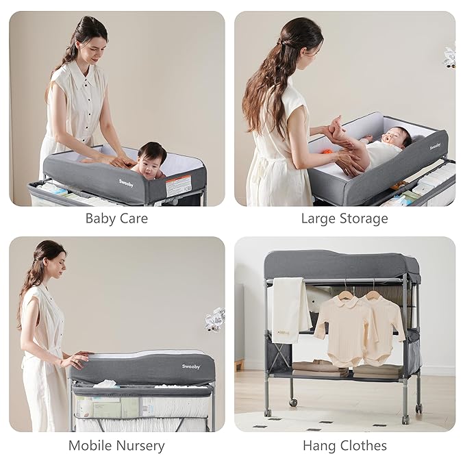 Sweeby Portable Baby Changing Table, Foldable Diaper Changing Station with Waterproof Pad, Mobile Nursery Organizer for Infant & Newborn Essentials, Dark Grey