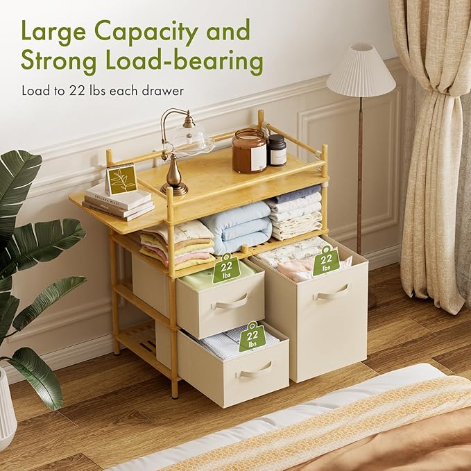 Amazer Baby Changing Table, Bamboo Diaper Changing Station with 3 Removable Storage Drawers, Baby Dresser Table with Flat Top, Large Storage Nursery Organizer Shelves with Pad, Mesh Pocket