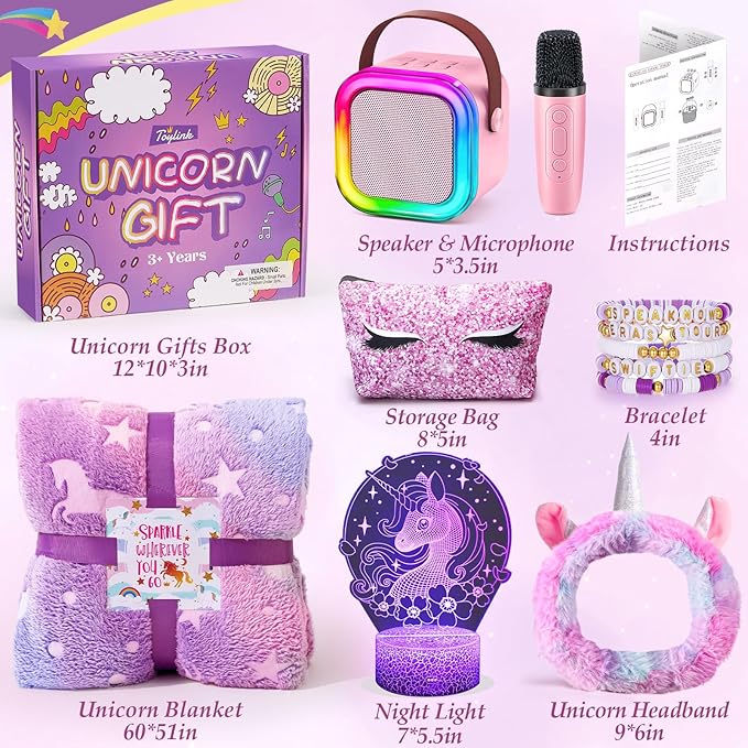 Unicorn Gifts for Girls Age 4 5 6 7 8 9 10, Kids Unicorn Toys with Mini Karaoke Machine/Glowing Blanket/Night Light/Headband/Bracelets, Birthday Graduation Gifts for Daughter Niece