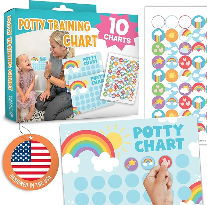 Hadley Designs Potty Training Chart for Toddlers Boys -10 Sticker Potty Chart for Toddlers Girls, 8.5x11" Potty Training Sticker Charts for Toilet Success, Rainbow Toddler Reward Chart for Kids