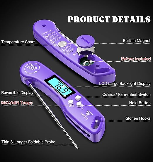 DOQAUS Digital Meat Thermometer, Instant Read Food Thermometers for Cooking, Kitchen Probe with Backlit & Reversible Display, Wide Temperature Range for Turkey, Grill, BBQ, Baking, Bread, Sourdough