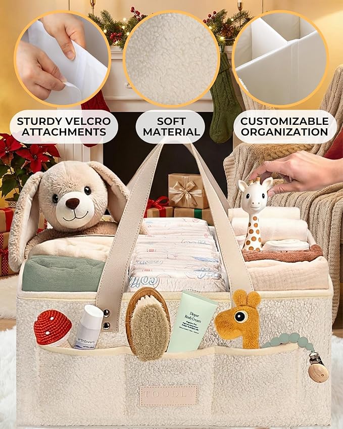 Baby Diaper Caddy Organizer with Portable Changing Mat - Teddy Fleece Diaper Organizer for Changing Table - Basket for Changing Essentials - Baby Essentials Organizer with Removable Dividers