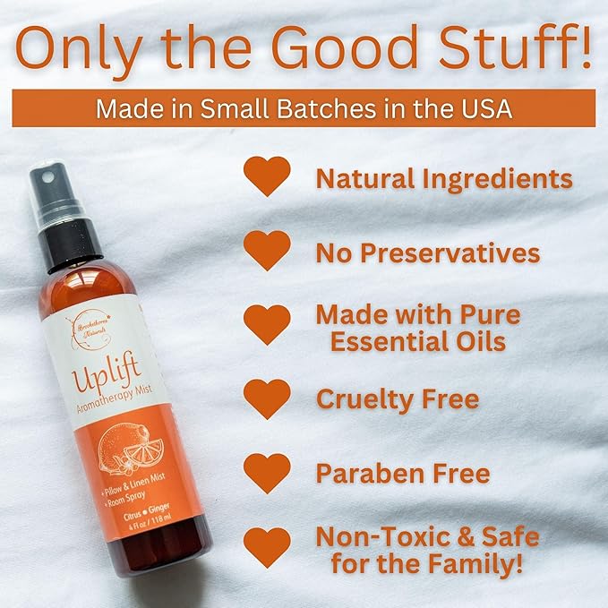 Uplift Aromatherapy Room Spray for Energy Boost. Lemon, Bergamot & Ginger Essential Oil Multi-Use Citrus Spray, Linen Mist, Natural Car Air Freshener & Closet Deodorizer by Brookethorne Naturals