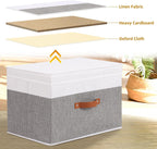 Fabric Storage Bins with Lids, 1 Pack Linen Foldable Cloth Baskets, 15 x 9.8 x 9.8 Inch Closet Organizer Containers with Double Handles, Sweater Boxes for Bedroom, White and Grey