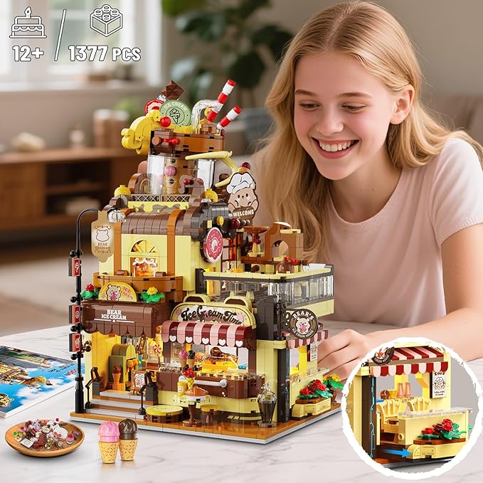 City Ice Cream House Building Set with Lights, 1377 PCS Dessert Shop Building Block Toy with Chocolate Sundae Cone, Sweet Workshop Construction Model for Adults Teens Kids Boys Girls Ages 12+