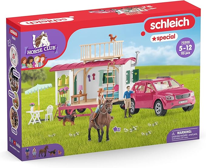 Schleich Horse Club - 113PC Interactive Camping Trip - Car and Camper Caravan Playset with Horse and Rider Figures, Dog Figurine and Accessories for Girls, Boys - Realistic Kids Toys Ages 5+ | 72205